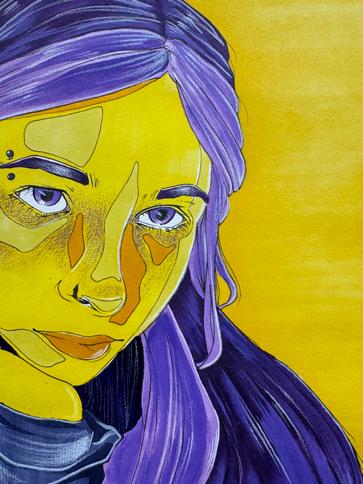 Self-portrait, purple and yellow face, detail of color theory project by <a href='http://5xgf.yibangyi.net'>十大彩票平台</a> fine arts major, Sarah Wojnarowski