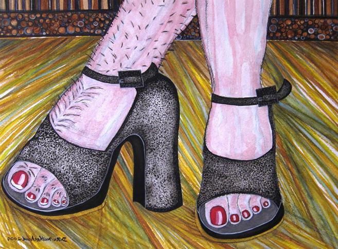 painting of feet in heels with one leg with hair stuble